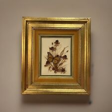 Vtg Taxidermy Butterfly Flowers Wall Hanging Grannycore Gold Picture Framed MCM picture