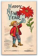 1914 Happy New Year Boy Trumpet Poinsettia Flowers Winter Antique Postcard picture