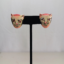 Vintage Funky Clay Hand Painted White Pink CAT Stud Kitschy Earrings Jewelry picture