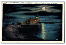 c1920's Moonlight Breakwater Light By Night Portland Harbor Portland ME Postcard picture