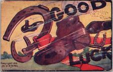 Vintage GOOD LUCK Embossed Greetings Postcard Horseshoe / Shoes - 1909 Cancel picture
