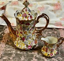 RARE Lefton China 8033 Teapot Coffee Pot + CREAMER Garden Chintz Gold Gilt ROSES picture