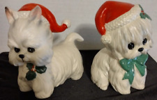 Vintage Lefton Japan White Westies Terrier Dog Santa Hat Christmas Figurines picture