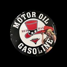 RARE RED HAT GASOLINE PORCELAIN  ENAMEL PINUP GIRL OIL MOTOR SERVICE GAS SIGN picture