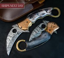 8'' Hand Forged Real Bone Handle Damascus Folding Pocket Knife Hunting Gift picture