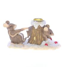 Charming Tails Vintage Resin Christmas Figurine Tree Stump Candlestick Mice 2.5