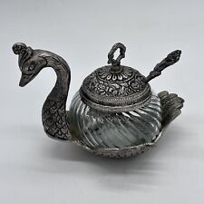 Metal Aluminum Swan Glass Bowl And Spoon Jelly Condiment Dish With Lid picture