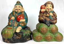 Japan Gods of Good Luck & Fortune Ebisu Daikoku Pottery Figurines Old Vintage picture