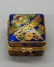 Small Hand Painted Enamel Blue and Gold Square Trinket Pill Box with Dragonfly picture