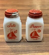 Vintage McKee Milk Glass Salt & Pepper  Set, Art Deco Roman Arches, Red Sails picture