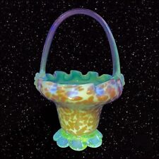 Vintage Hand Blown Art Glass Basket Bowl Manganese 365nm Green UV Glow Glass VTG picture