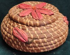 Vintage Coushatta Pine Needle Lidded Basket Bright Pink Flowers Raffia picture