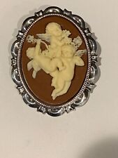 75% Off*BEAUTIFUL LARGE CHERUB- ANGELS CAMEO BROOCH/PENDANT COMBO.brown.silv. picture