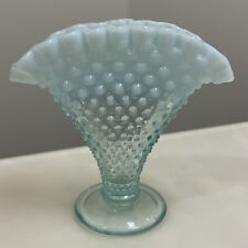 Vintage Fenton Art Glass Light Blue Opalescent Hobnail Fan Vase Ruffled  picture