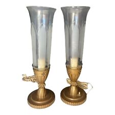 Antique French Art Deco Table Lamps Torchiere Frosted Glass Heavy Bronze Base picture
