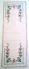 Vintage Table Runner Linen Embroidery Strawberry Floral 38x14 Inch Needle Work picture