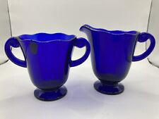 Fostoria Cobalt Blue Creamer & Sugar Bowl w/ Handles Heavy Glass 4