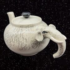 Art Pottery TeaPot Lucky Elephant Handle Tea Pot Hand Painted Vintage 4.25”t 9”w picture