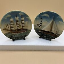 Vintage handmade hand carved plaster miniature disks of sailing ships picture