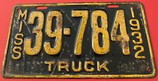 Vintage 1932 Mississippi Truck License Plate 39-784 picture