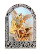 Saint Michael the Archangel Icon in Silver Tone Metal Arch Standing Plaque picture