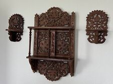 Vintage Wood Shelf Hand Carved India Set Of 3 W/ Mini Hand Carved Shelf Foldable picture