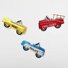 Toy Pedal Car Firetruck Taxi Police Car Glass Ornaments Set of 3 Retro childhood picture