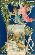 Embossed Tuck Electra Happy Christmas Postcard Series 4 Angels Snowy Inset picture