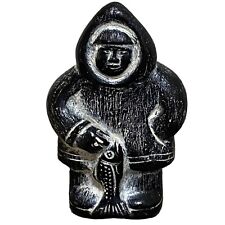 Inuit Eskimo With Fish Stoneware Figure Sculpture 6.5” picture
