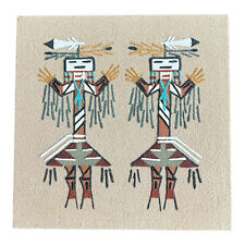 Vintage Navajo Dine Sand Painting Two Yei Dancers Southwestern Boho 8x8 Inches picture