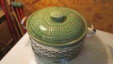 Antique Green Stoneware Casserole And Metal Holder picture