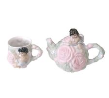 Vintage Avon Teapot & Mug Angel Cherub Pink Roses Floral White Green  picture