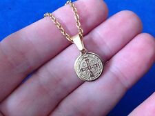 St BENEDICT NECKLACE Pendant Protection Saint Medal Gold Plt Stainless Steel 23” picture