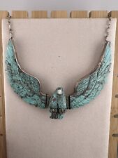 Native American Navajo Sterling Silver Carved Turquoise Eagle Pendant Necklace picture
