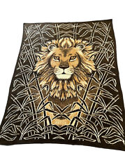 VTG Acrylic Velours Plush Blanket Lion Head Print Brown Beige USA 60 x76 picture