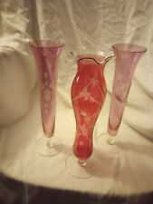 3 Antique Ruby Glass Etched Vases picture