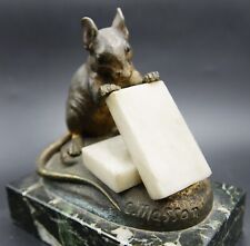 French Miniature Bronze Sculpture Mouse with Sugar on Marble Signed by C. Masson picture