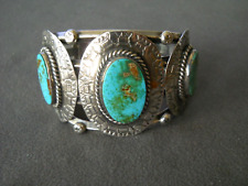 Old Pawn Native American Royston Turquoise 3-Stone Sterling Silver Cuff Bracelet picture