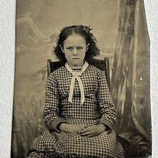 Antique Tintype Photograph Adorable Little Girl With Scowl Plaid Dress Bow picture