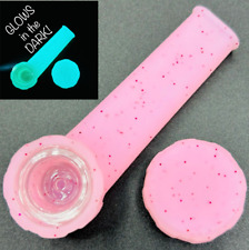 Silicone Smoking Pipe with Glass Bowl & Cap Lid | Pink Sparkle GLOWS picture