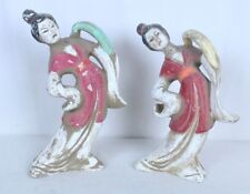 2 Asian Dancing Geisha Girls Maidens Chinese Japanese Clay Painted Distressed  picture