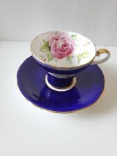 Rare Aynsley cobalt corset shape with large cabbage rose tea cup and saucer set picture