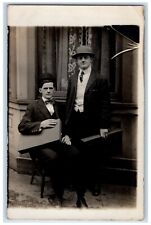 1909 Studio Men Bowler Hat Briefcase Oak Hill Ohio OH RPPC Photo Postcard picture