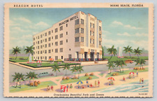 Postcard Beacon Hotel, Miami Beach, Florida Fl 1938 Art Deco Linen A240 picture