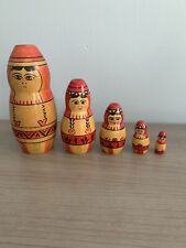 vintage Russian wooden stacking dolls Set of 5 hand painted flat top babushka picture