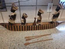 VINTAGE ETHNIC AFRICAN, Hand  CARVED WOODEN CANOE BOAT WITH FOUR  FIGURES  picture