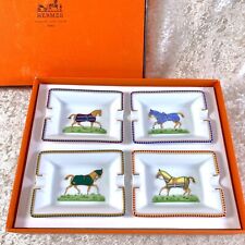 Hermes Paris Ashtray A Set of 4 Horse Design Porcelain Mini Tray 8 x 6 cm w/ Box picture