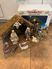 Vintage 1960’s Sears Nativity Set Wood Moss Stable 10 Figurines Made In Italy picture