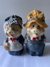 Two Vintage Farmer Ceramic Pig Bell Figurines  w/fabric Hats Hand Painted picture