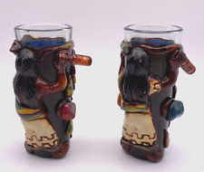 2 Mazatlan Mexico Novelty Tequila Shot Glasses Clay Figurines Sun Flowers Snake picture